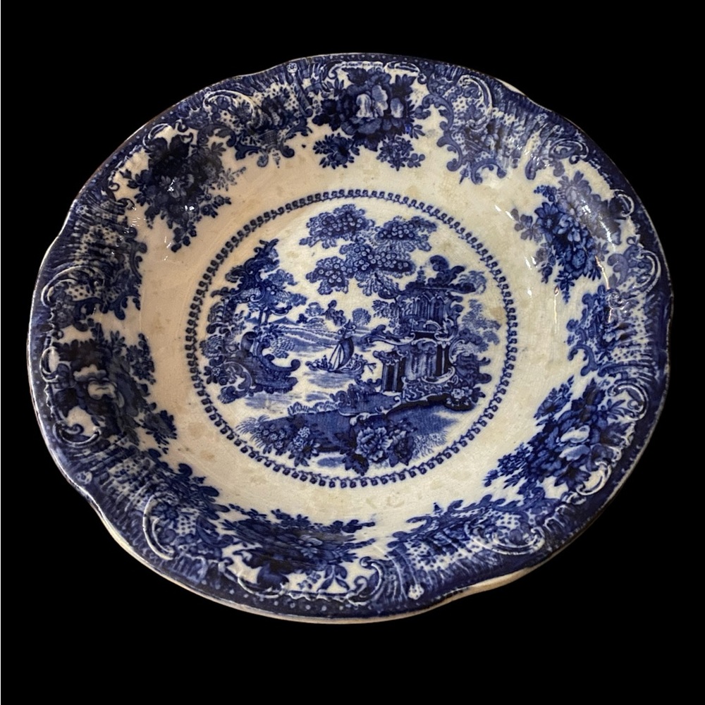 Antique W. Adams Flow Blue Fairy Villas 10" Serving Bowl England